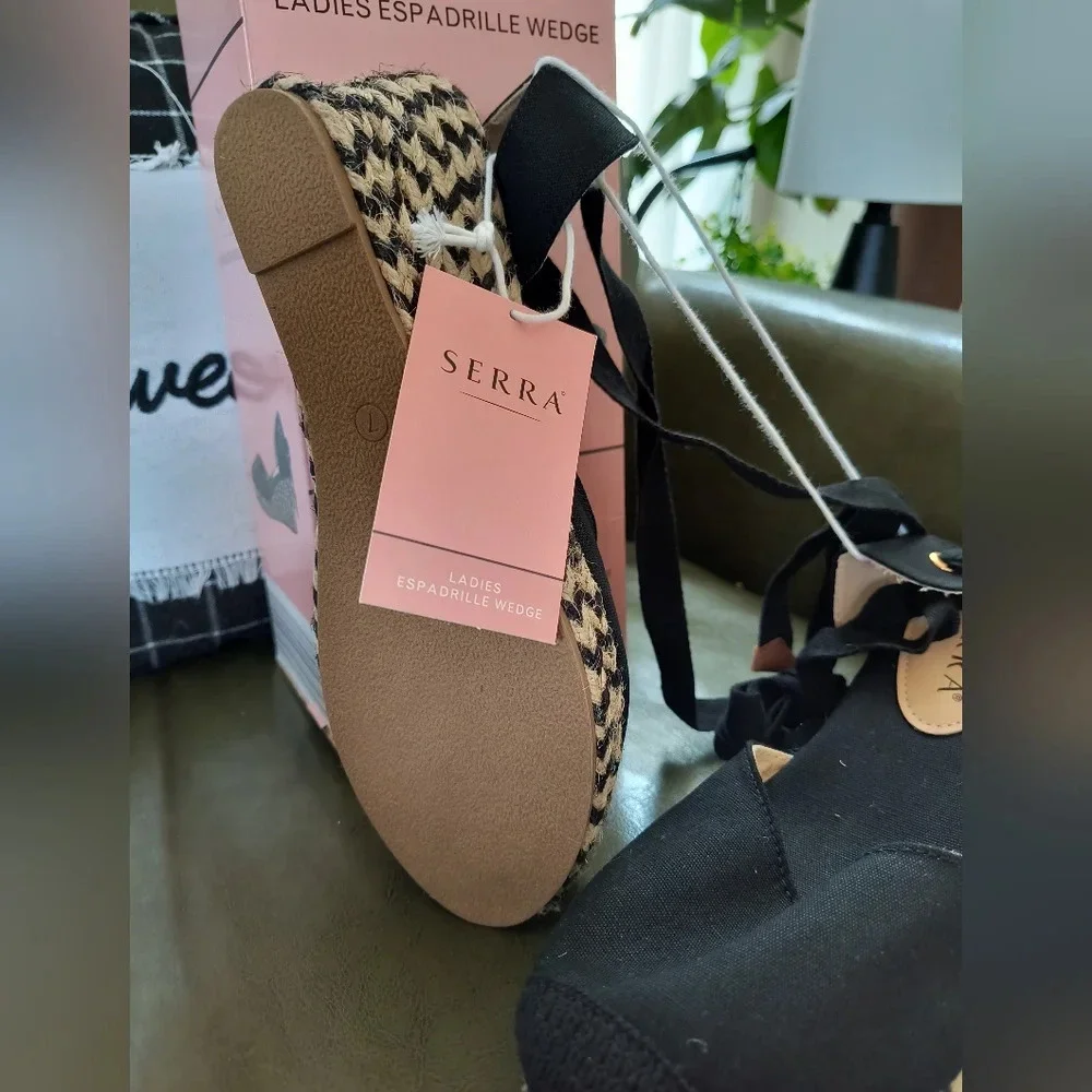 Black tan ladies platform wedge heeled sandals tie around ankle casual or dressy